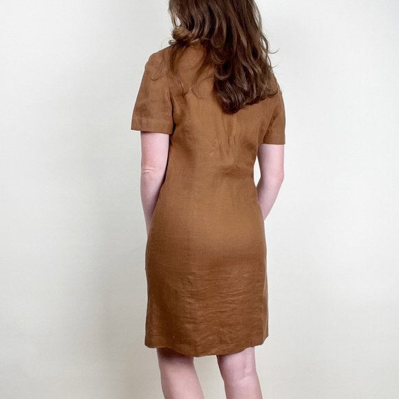 Vintage Linen Mini Midi Dress Short Sleeve Preppy Rustic Casual Button Up Down - Picture 2 of 5